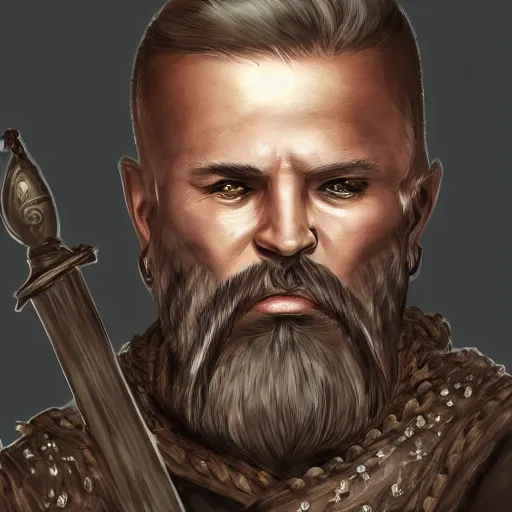 Image similar to 5 0 years old man, tall, stocky : : brown hair, sympathetic, stubble beard : : decorated medieval clothing : : high detail, digital art, rpg, concept art, illustration