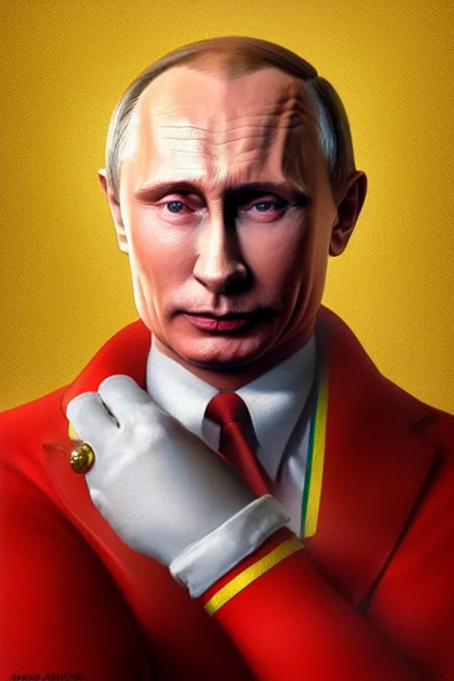 Image similar to vladimir putin as ronald mcdonald, 2 d portrait, symmetrical, highly detailed, digital painting, artstation, concept art, smooth, sharp focus, illustration, cinematic lighting, art by artgerm and greg rutkowski and alphonse mucha