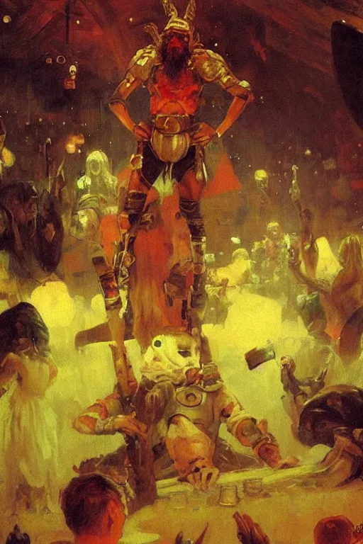 Image similar to portrait of a space viking drinking in an alien tavern. art by ilya repin.