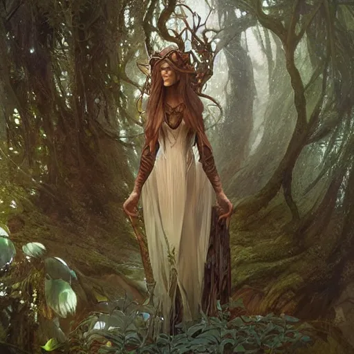 Image similar to A Dryad woman living in an Elven forest, athletic , gorgeous, beautiful, intricate, highly detailed, digital painting, artstation, concept art, sharp focus, illustration, art by greg rutkowski and alphonse mucha