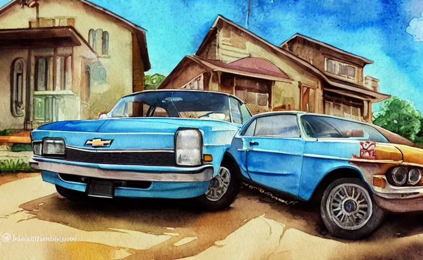 Image similar to a watercolor painting of a chevrolet opala parked near a 1 9 0 0 s house, digital painting, masterpiece, hyperrealistic, concept art, trending on deviantart, highly detailed, high quality, 4 k, symmetrical, low contrast, watercolor, warm, soft lighting, path traced, godrays, vintage, soft colors