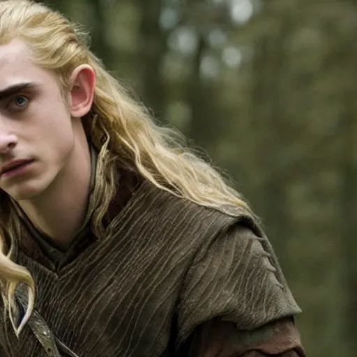 Image similar to timothee chalamet as legolas, with long blonde hair, a still from the film lord of the rings