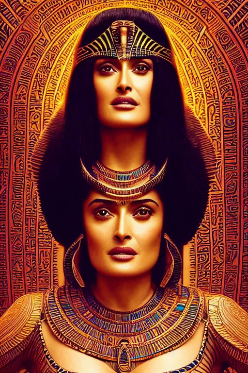 Image similar to Portrait of Salma Hayek as Cleopatra, intricate art deco leaf designs, elegant, highly detailed Egyptian patterns, hieroglyph, sharp focus, art by Artgerm and beeple