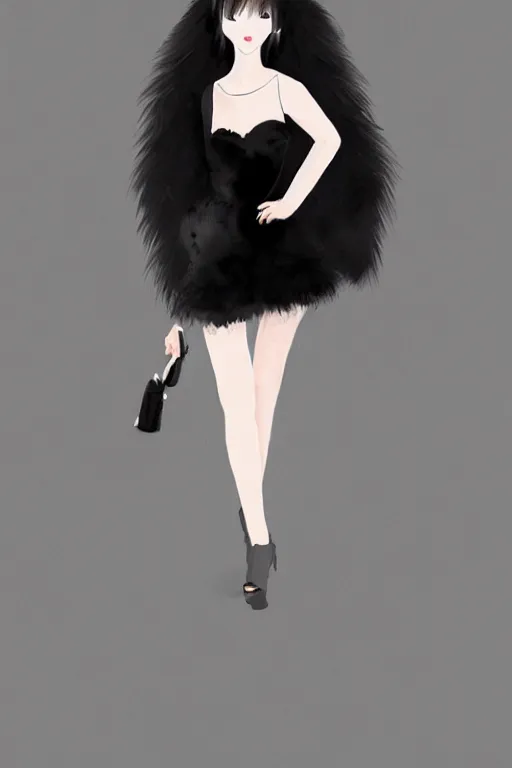 Prompt: full body aesthetic digital illustration of a beautiful young woman walking a runway in a furry little black dress, by wlop and Julia Razumova, realistic, photorealistic, , deviantArt, trending on artstation, artstation HQ