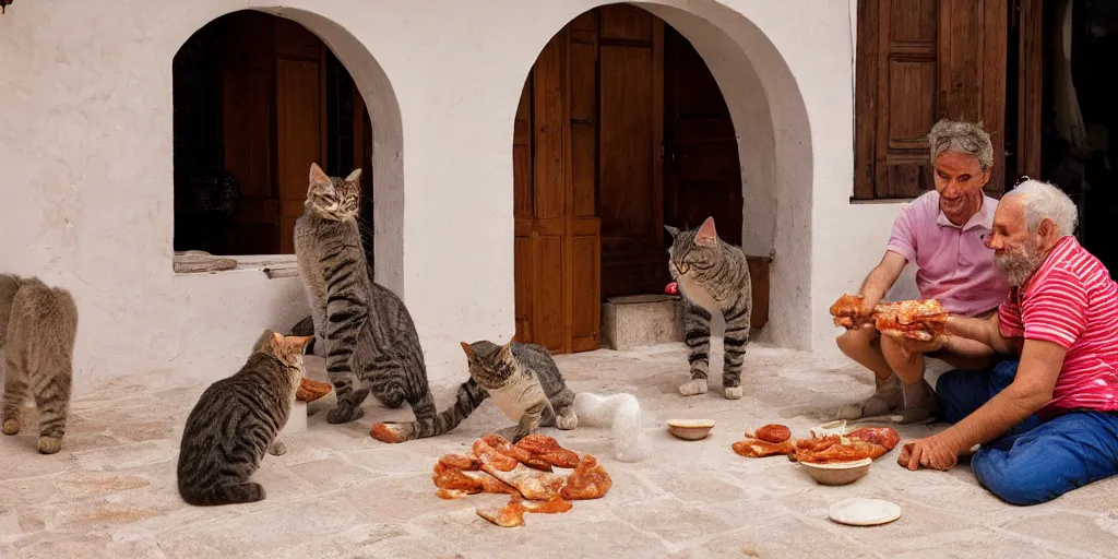 Prompt: cats sharing their mortadella with owner at a trullo house, photoreal, 3 5 mm, award winning photography