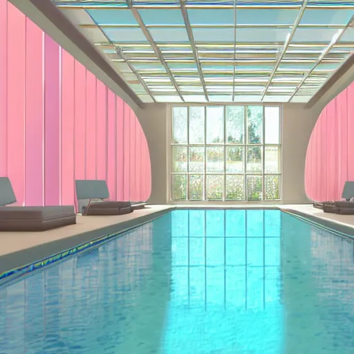 Image similar to a sunlit indoor lounge area with a pool with clear water and another pool with translucent pastel pink water, next to a big window, digital art