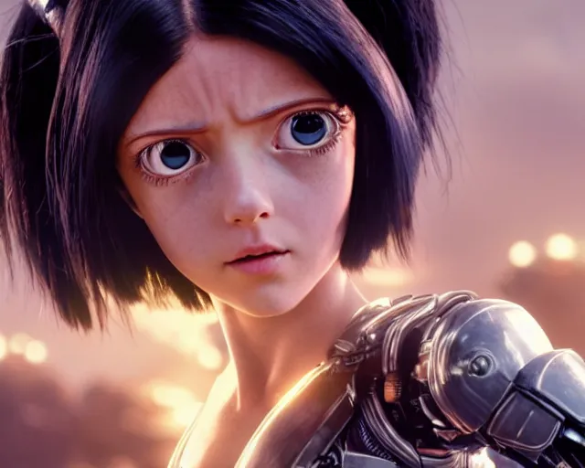 Prompt: a beautiful film still from battle angel alita played by actress millie bobby brown, futuristic, cinematic lighting, photorealistic, lifelike, highly detailed, photorealistic, high resolution