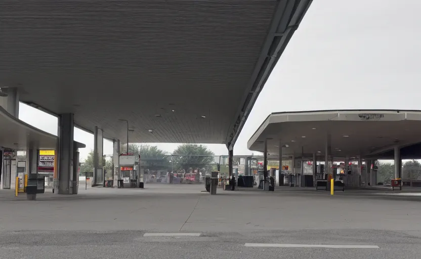 Prompt: wide exterior of the port byron travel plaza bus station in upstate buffalo new york, moody scene directed by charlie kaufman ( 2 0 0 1 ), anamorphic lenses, kodak color film stock, foggy volumetric light morning, cinematic trending on artstation