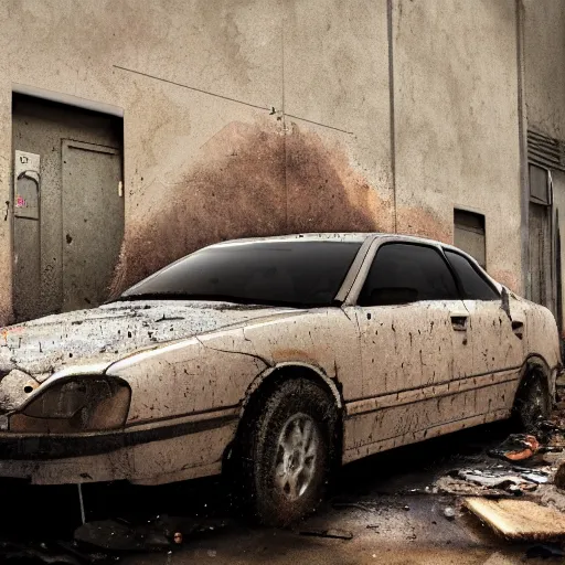 Image similar to hyper detailed and photorealistic, a number of car, dust, humus, wet street, graffiti on wall, trash scattered everywhere, abandoned car garage, 8 k, uhd, after rain, cinematic lighting, incrinate