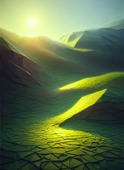 Image similar to spring mornings in the low - poly hills, diffuse lighting, intricate, surrealism!!!!!!!!, highly detailed, lifelike, photorealistic, digital painting, artstation, illustration, surreal concept art, smooth, sharp focus, by greg rutkowski, chris tulloch mccabe, valentina remenar and asher duran,