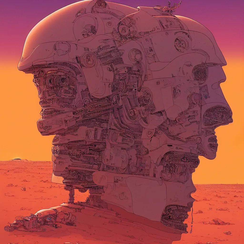 Prompt: a iilustration of a large head of a cyborg buried in the desert, fine art, intrincate, by moebius, jean giraud & kilian eng