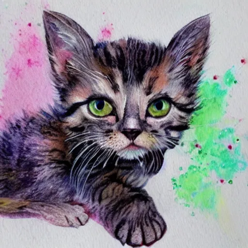 Image similar to a kitten dinosaur hybrid!!, watercolor painting