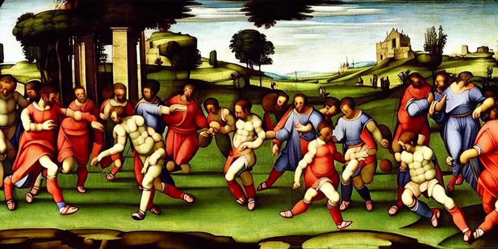 Prompt: “people in ancient greece playing soccer in a grass field, renaissance painting by Michelangelo, 8k, hyperdetailed, ultra detail, UHD, high quality”