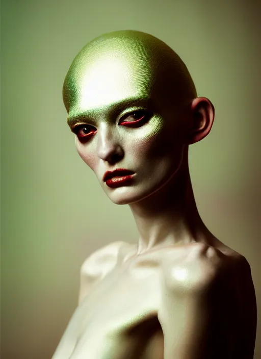Image similar to cinestill 5 0 d portrait shot of a beautiful woman hybrid mantis in style of tim walker by roberto ferri, metallic body intricate detailed, 1 5 0 mm lens, f 1. 4, sharp focus, ethereal, emotionally evoking, head in focus, volumetric lighting, tonal colors outdoor