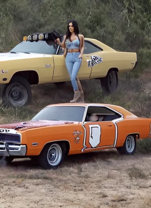 Image similar to film still of kim kardashian as daisy duke in the tv show dukes of hazzard, general lee charger, 4k.