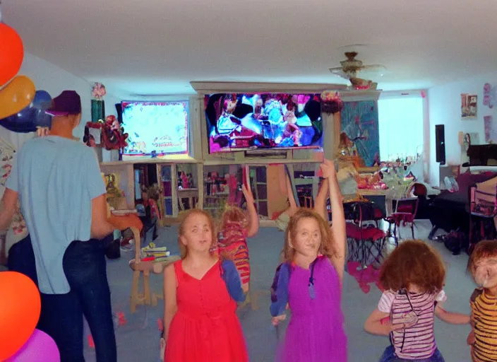 Prompt: Home video footage, VHS image quality, Filmed by dad. Daughter's birthday party.