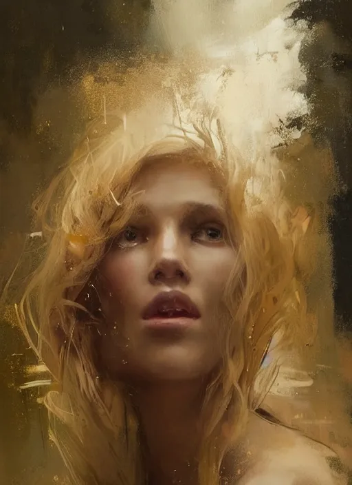 Image similar to painting of a gorgeous woman with golden hair in two buns wearing a poncho, blowing a kiss towards the viewer, by Jeremy Mann, stylized, detailed, realistic, loose brush strokes, intricate, intimate, aummer vibes, bold colors