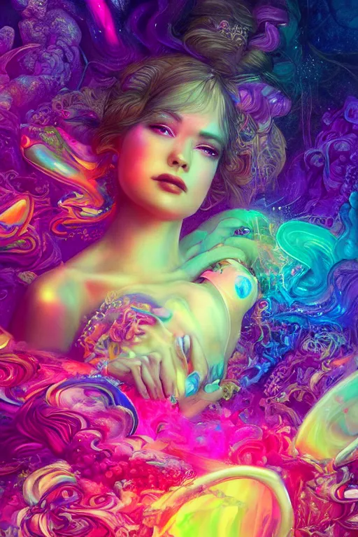 Image similar to a beautiful princess engulfed in colorful liquid clouds and neon smoke, extremely psychedelic experience, psilocybin, lsd, dmt, face, highly detailed, artstation, concept art,, sharp focus, digital art by hana yata, and artem demura and beeple, lisa frank, cyberpunk, octane render, unreal engine, 8 k