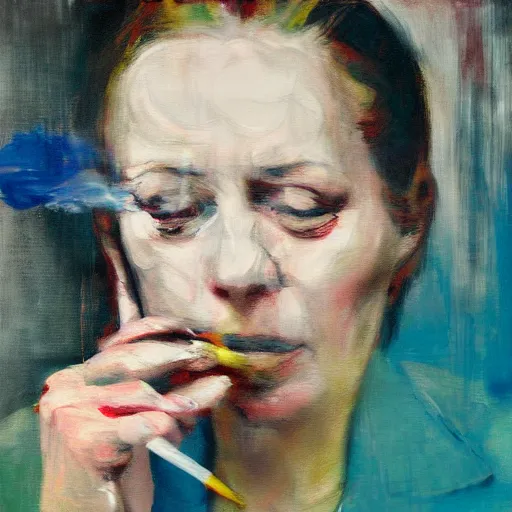 Image similar to overpainted portrait of a tired woman smoking a cigarette in a diner by gerhard richter