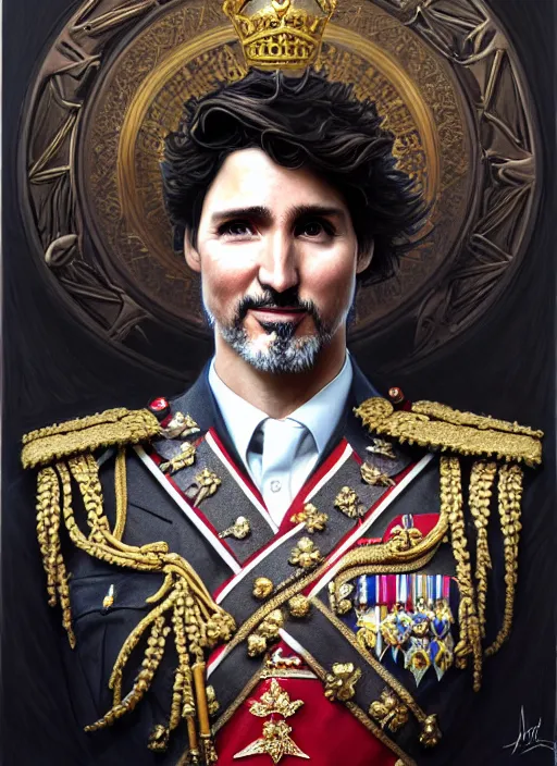 Image similar to portrait of supreme leader justin trudeau, royalty, extravagant, lord, full body, military uniform, fantasy, intricate, elegant, beautiful, highly detailed, charcoal, centered, dark, smokey, digital painting, artstation, concept art, art by artgerm and greg rutkowski and alphonse mucha