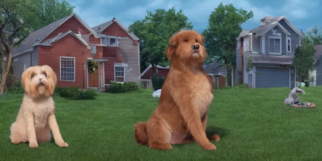 Prompt: a giant dog sitting between houses in a suburban neighborhood, weta pixar 8 k