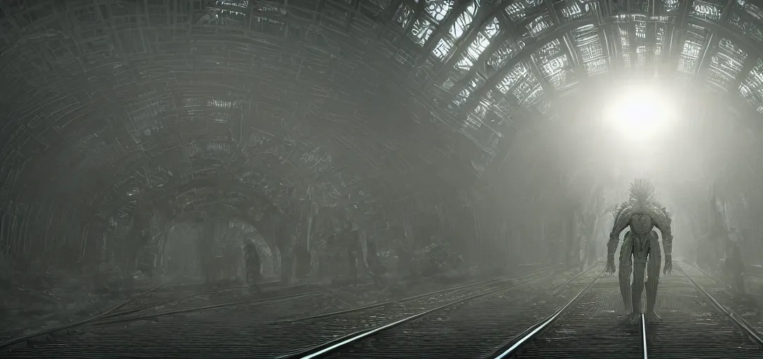 Prompt: a complex organic fractal 3 d metallic symbiotic ceramic humanoid megastructure creature in a train station, foggy, sun rays, cinematic shot, photo still from movie by denis villeneuve, wayne barlowe