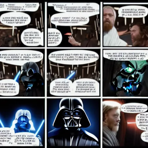 Prompt: a new star wars meme format with four panels, obi - wan kenobi, darth vader, yoda