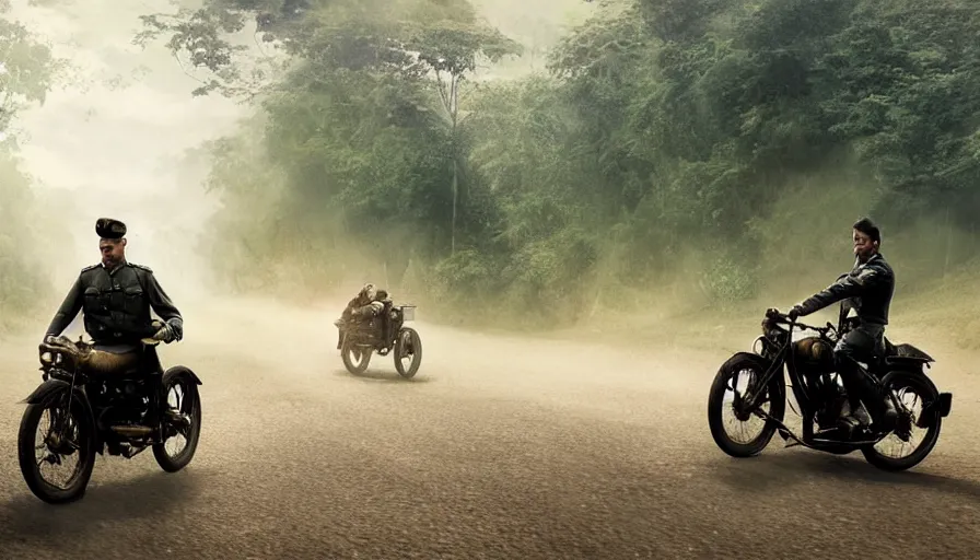 Prompt: a british officer driving a motorcycle alone in 1921 in kerala forest road, local people chasing to attack, furious action scene, chase, an epic fantasy, dramatic lighting, cinematic, establishing shot, extremely high detail, photorealistic, cinematic lighting, artstation, by christopher nolan, horizon forbidden west