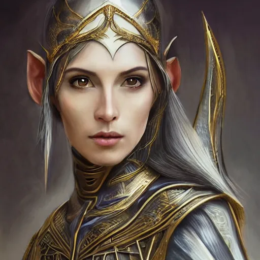 Prompt: portrait of a beautiful young elven warrior, fantasy, gold armour, black hair, facial features, trending on artstation, gsociety, D&D, elegant, highly detailed!!!, digital painting, smooth, sharp focus!!!, upper body, intricate, symmetrical facial features, realistic face!!!!! by greg rutkowski, Alphonse Mucha, Ayami Kojima, Charlie Bowater, Karol Bak, Greg Hildebrandt