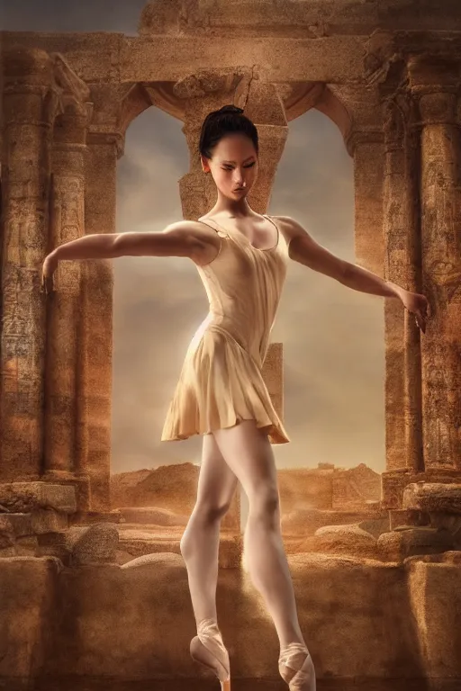 Image similar to stunningly beautiful, filipina prima ballerina in egyptian ruins, symmetrical face, golden hour, smooth, focus, highly detailed, hyper realistic, dramatic lighting, elegant, intricate, concept art, art by wlop, mars ravelo, greg rutowski, artstation