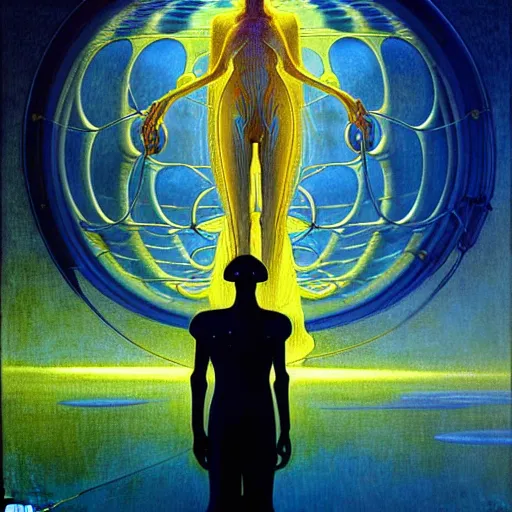 Image similar to realistic extremely detailed portrait painting of a glowing male silhouette, futuristic sci-fi landscape on background by Jean Delville, Amano, Yves Tanguy, Alphonse Mucha, Ernst Haeckel, Edward Robert Hughes, Roger Dean, rich moody colours, blue eyes