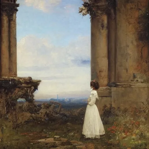 Image similar to young lady in ball gown looking over ruins by alfred stevens