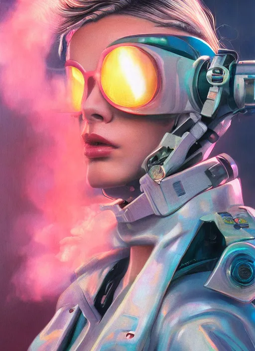 Prompt: symmetry!!! closeup portrait of a cyborg vape girl, fashion racing jumpsuit with shiny shoulder pads, cinematic light, windy, teal orange, volumetric smoke, mist, by gerald brom, by mikhail vrubel, by peter elson, muted colors, extreme detail, trending on artstation, 8 k