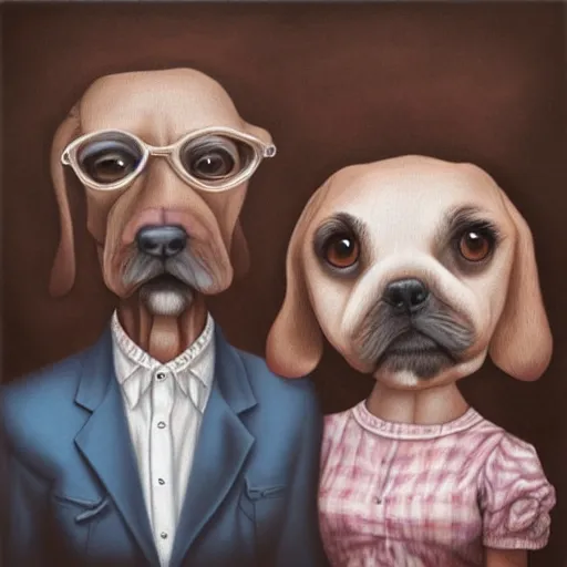 Prompt: human owners who look like their dogs, digital painting by mark ryden