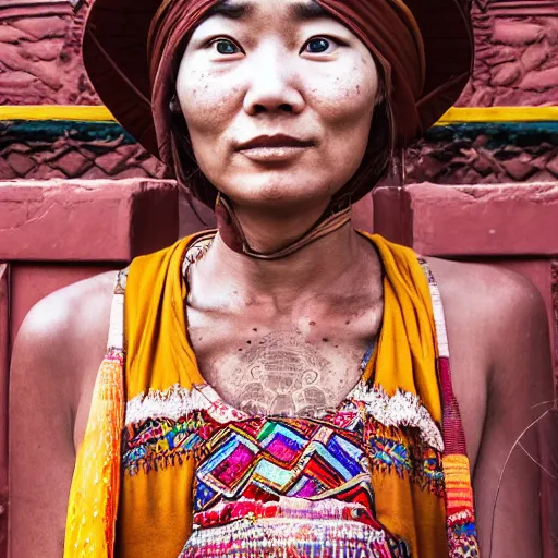 Image similar to Portrait of a seemly prettyish atypical woman in a chocolate-box Tibetan architecture by Erik Jones, trending on Unsplash