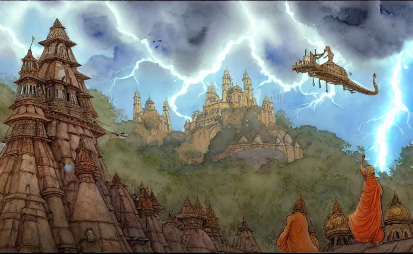 Prompt: a hyperrealist watercolor concept art of an indian vimana in the sky above a small medieval town during a thunderstorm. a dirty medieval peasant child is in the foreground pointg up at the sky. very muted colors, by rebecca guay, michael kaluta, charles vess. high detail, hq, wide shot, 4 k