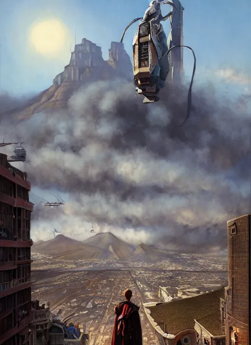 Image similar to hyper realistic robot attacking cape town city,. poster painted by light and magic by wizards of the coast norman rockwell, james gurney and greg rutkowski weta studio, and lucasfilm and best of artstation