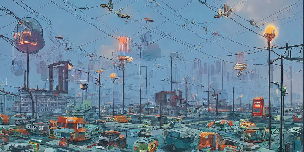 Image similar to retrofuturistic autumn post soviet city in style of Simon Stalenhag