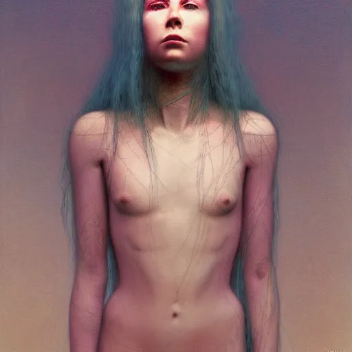 Image similar to Woman masterpiece, Avril Lavigne, lines, by Edgar Maxence and Ross Tran, Zdzisław Beksiński, and Michael Whelan, distant, gustav dore, H.R. Giger, 8k, octane render