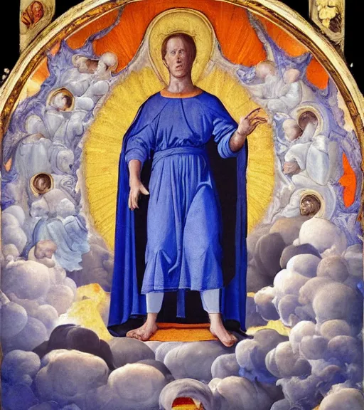 Image similar to hank hill wearing a white toga, emerging from blue fire, surrounded by blue flames, renaissance religious painting, late gothic religious paintings, byzantine religious art, painting by duccio di buoninsegna and carlo crivelli, trending on artstation