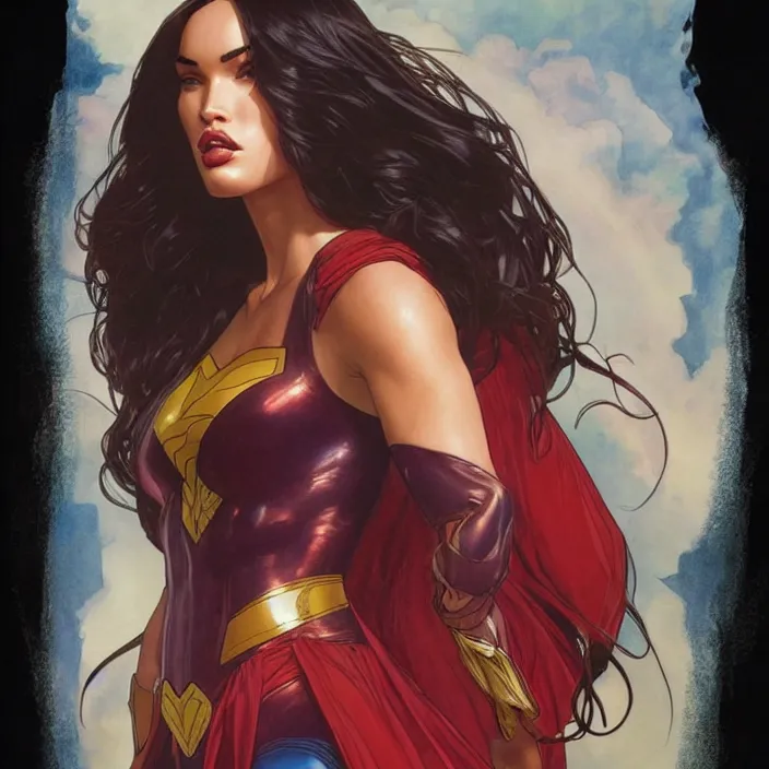 Prompt: megan fox as female superman by artgerm, greg rutkowski, alphonse mucha