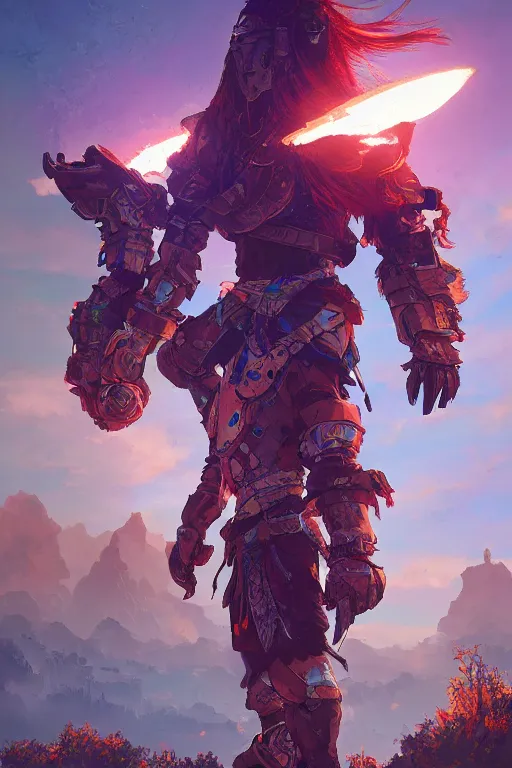 Image similar to combination suit armor aloy horizon forbidden west horizon zero dawn radiating a glowing aura global illumination ray tracing hdr fanart arstation by ian pesty and alena aenami artworks in 4 k tribal robot ninja mask helmet backpack