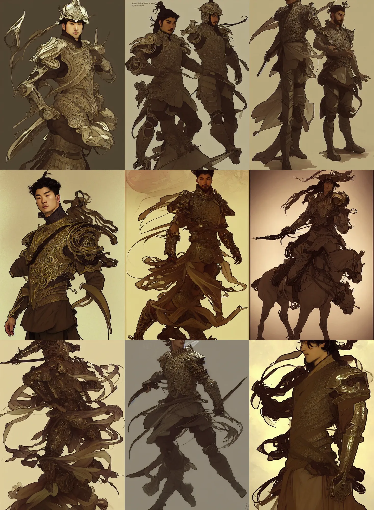 Prompt: a digital concept ar by artgerm and greg rutkowski and alphonse mucha. clear portrait of a lonely attractive men in uniform of tang dynasty!! heavy armored cavalry of the tang dynasty!! light effect. hyper detailed, character concept, full body!! dynamic pose, glowing lights!! intricate, elegant, artstation, concept art, smooth, sharp focus, illustration