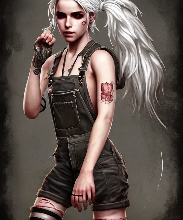 Image similar to full body pose, grungy ciri, torn overalls, short shorts, combat boots, fishnets, beautiful, highly detailed face, true anatomy!, extremely detailed!, digital painting, unreal engine 5, art by tom bagshaw