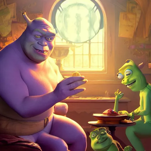 Prompt: shrek is a rich millionaire at rick and morty, highly detailed, digital painting, artstation, concept art, smooth, sharp focus, illustration, art by artgerm and greg rutkowski and alphonse mucha