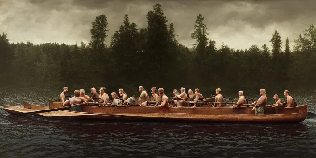 Image similar to A rustic lifeboat with oarsmen in turbulent see, by Gregory Crewdson