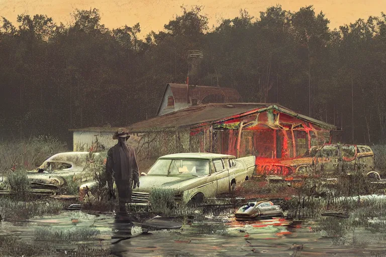 Image similar to scene from louisiana swamps, old protestant church with neon satanic pentagram, junkyard by the road, boy scout troop, voodoo artwork by tim eitel