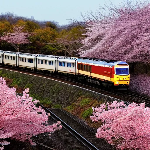 Prompt: photo of a Japanese train in the countryside, cherry blossom trees blooming, golden ratio, beautiful, happy,