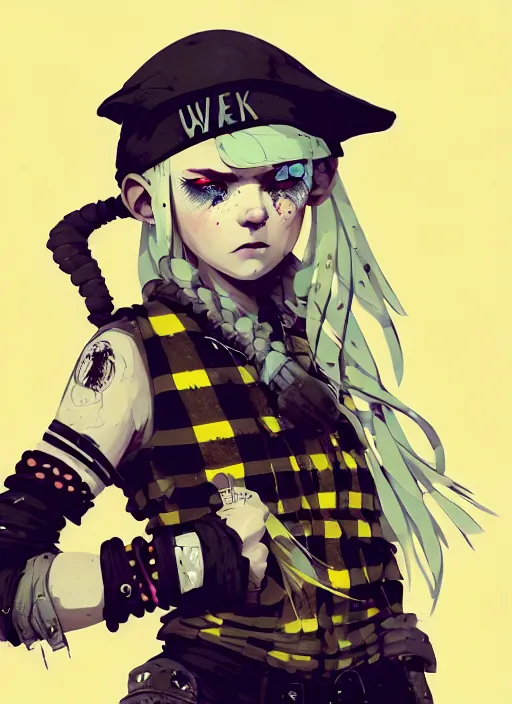 Image similar to highly detailed closeup portrait of a sewer punk pretty swedish female road warrior student, tartan garment, blonde hair pigtails with headband by atey ghailan, by greg rutkowski, by greg tocchini, by james gilleard, by joe fenton, by kaethe butcher, gradient yellow, black, brown and white color scheme, grunge aesthetic!!! white graffiti tag wall background