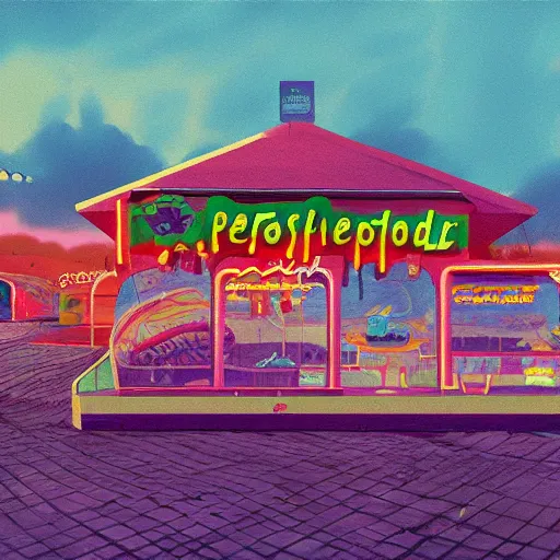 Image similar to psychedelic fast food restaurant near the beach by simon stalenhag